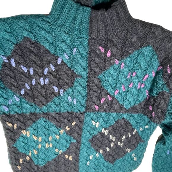 80's Vintage Colours Argyle Wool Sweater size Medium Thick Heavy Knit - Picture 2 of 3